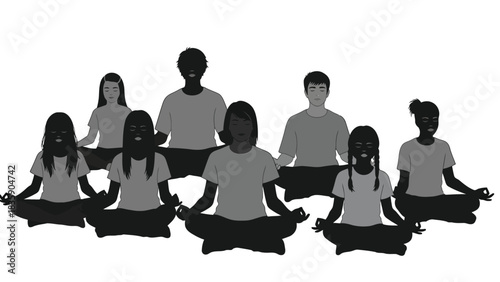 Diverse group of people meditating in lotus pose silhouette isolated on white background