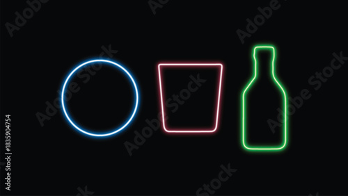 Neon Circle Cup and Bottle Icons on Dark Background