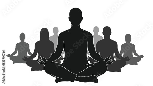 Group of people meditating in lotus position silhouette isolated on white background