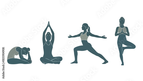 Four yoga poses silhouette isolated on white background