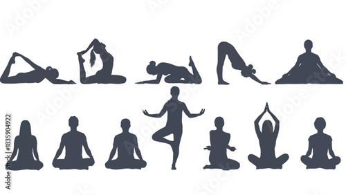 Collection of yoga poses silhouette isolated on white background