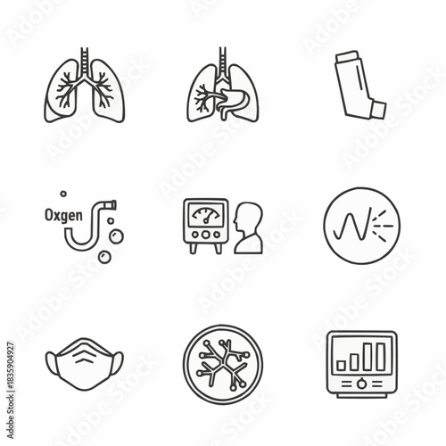Outline icons depicting respiratory health and medical equipment items