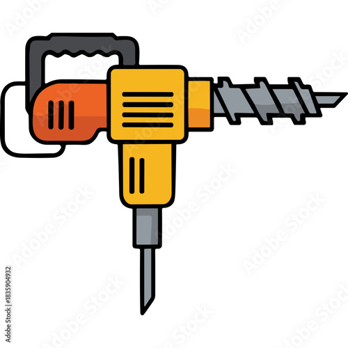 Yellow and Orange Jackhammer Drill with Steel Bit on a Black Background Illustrating Construction and Demolition Tools