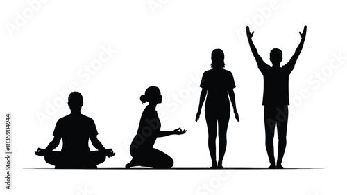 Four yoga poses silhouette isolated on white background