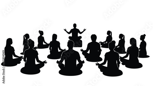 Group of people meditating in a circle silhouette isolated on white background