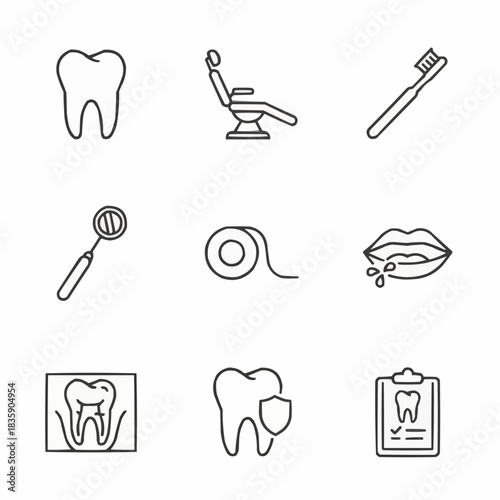 Collection of dental care icons including tooth chair and equipment set