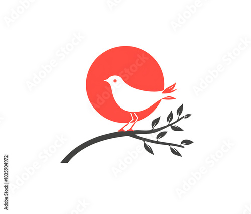 Stylized black bird perched on a branch against a vibrant red circle isolated on transparent background