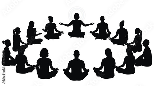 Group of people meditating in a circle silhouette isolated on white background