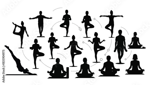 Collection of diverse yoga poses silhouette isolated on white background