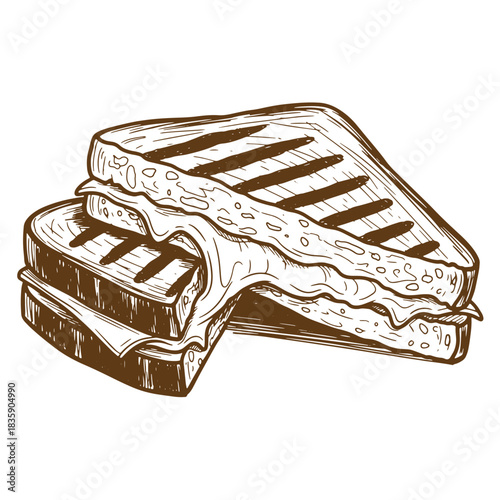 Hand drawn illustration of a delicious grilled cheese sandwich with detailed sketch texture