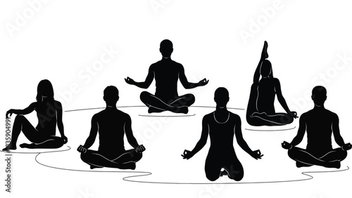 Group of people meditating in various yoga poses silhouette isolated on white background