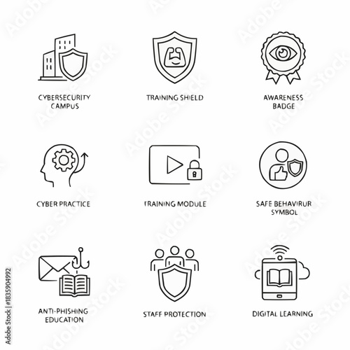 Collection of cybersecurity and training related icons in line art style