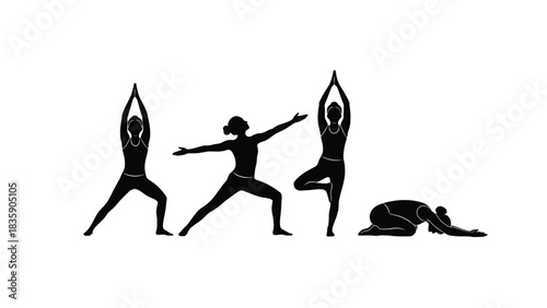 Four yoga poses silhouette isolated on white background