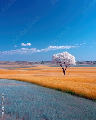 Lone Tree Standing in a Field Under Blue Sky