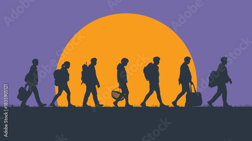 Silhouetted refugees walking with luggage against a sunset vector illustration depicting migration immigration and the journey of displaced people