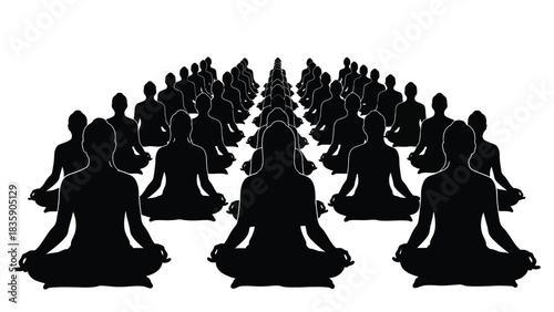 Many people meditating in lotus pose silhouette isolated on white background