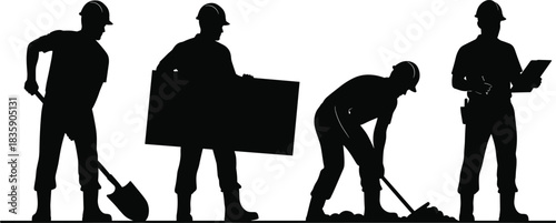 Construction Workers Silhouettes Performing Various Tasks on White Background Keywords: construction, worker, silhouette, shovel