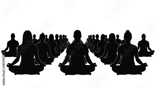Group of people meditating in lotus pose silhouette isolated on white background