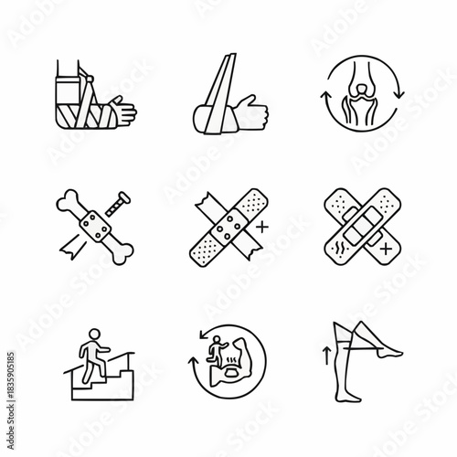 Collection of medical icons depicting injury treatment and rehabilitation