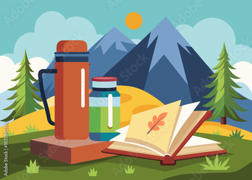 Book and thermos on rock near mountain trail, peaceful reading in nature concept