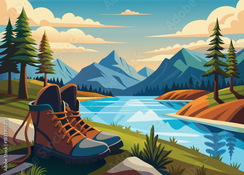 boots traveler resting by riverside,  calm water reflecting forest and sky