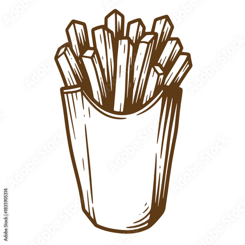 Hand drawn sketch of a tasty portion of french fries in a paper container