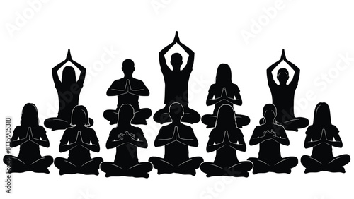 Group of people meditating in yoga poses silhouette isolated on white background