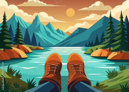 boots traveler resting by riverside, first person hiking perspective, calm water reflecting forest and sky