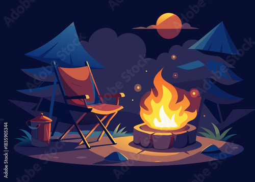 Foldable camping chair beside campfire and cooking pot, glowing firelight