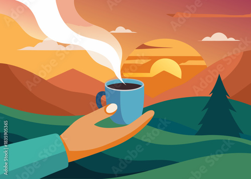 hands holding a steaming cup of coffee with a mountain view