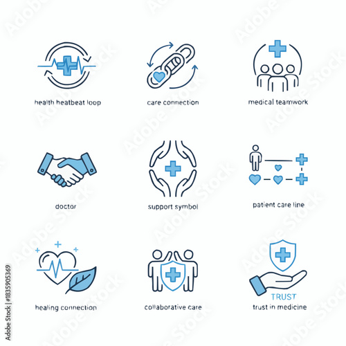 Collection of medical and healthcare themed icons in blue and black line