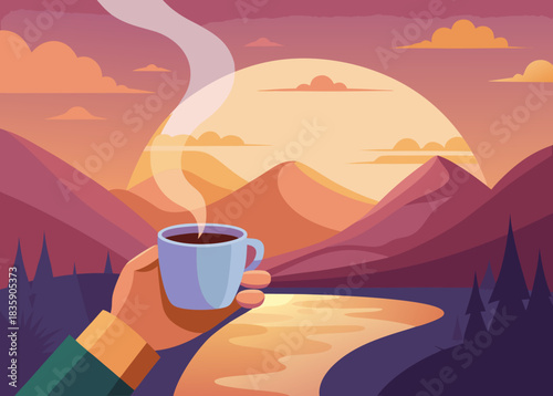 hands holding a steaming cup of coffee with a mountain view