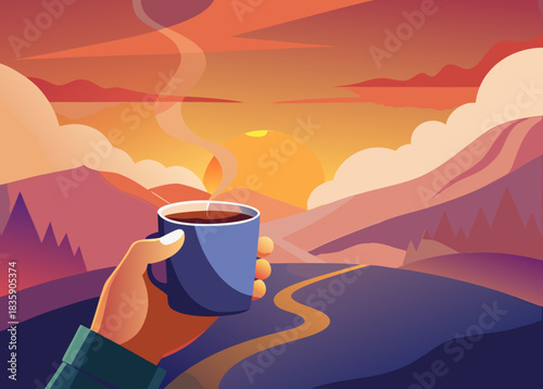 hands holding a steaming cup of coffee with a mountain view