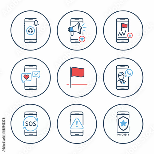 Various smartphone notification icons in circles arranged on a white background