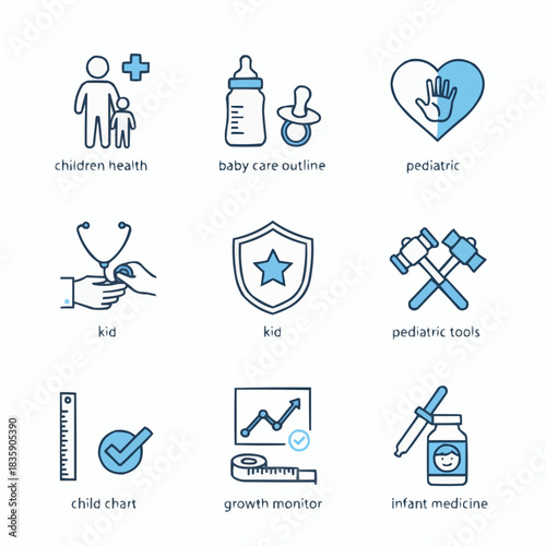 Collection of pediatric healthcare and baby care themed outline icons
