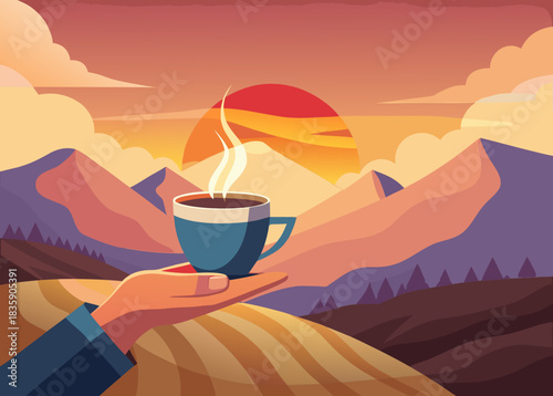hands holding a steaming cup of coffee with a mountain view