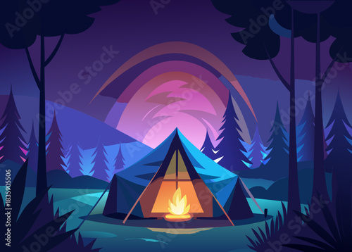 Tent glowing from inside , cinematic forest light at dusk