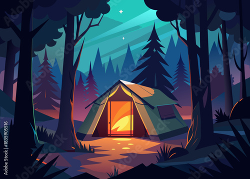 Tent glowing from inside , cinematic forest light at dusk