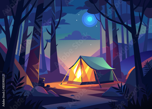 Tent glowing from inside , cinematic forest light at dusk