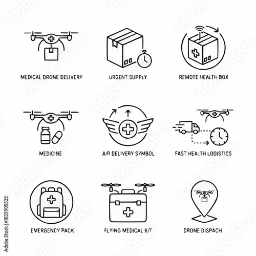 Illustrations of medical delivery methods including drones and urgent care