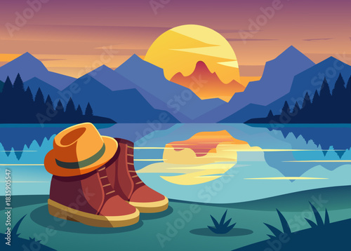 traveler boots and hat beside a calm lake with golden sunset