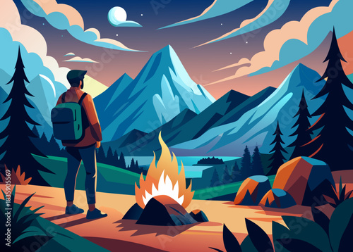 Traveler near campfire, warm light contrasting cool mountain air, first person hiking perspective.svg