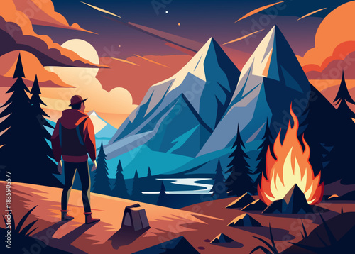 Traveler near campfire, warm light contrasting cool mountain air, first person hiking perspective.svg