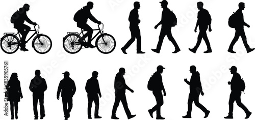 Diverse Silhouettes of People Walking and Cycling on White Background Keywords: people, silhouette, walking, cycling, bicycle