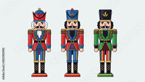 Three Traditional Nutcracker Figures in Red, Blue, and Green Uniforms on a White Background