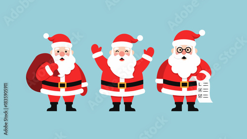 Three joyful Santa Claus characters in red suits, celebrating Christmas with happiness and festive spirit