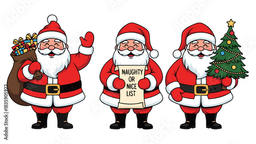 Christmas Santa Claus Collection Three Festive Illustrations with Gifts, Naughty or Nice List, and Tree
