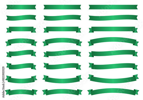 シンプルなグリーンのグラデーションのリボンの大中小バリエーションセット