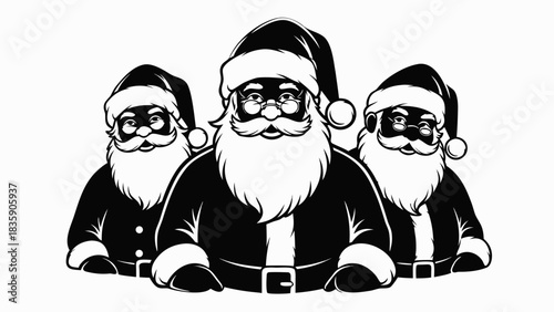 Three Santa Claus characters wearing hats and beards on a white background, Christmas illustrations