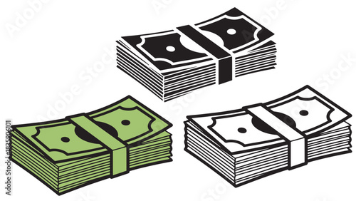 Vector illustration collection of three bundled banknote stacks featuring green colored cash, black silhouette money, and linear outline currency styles for financial design elements